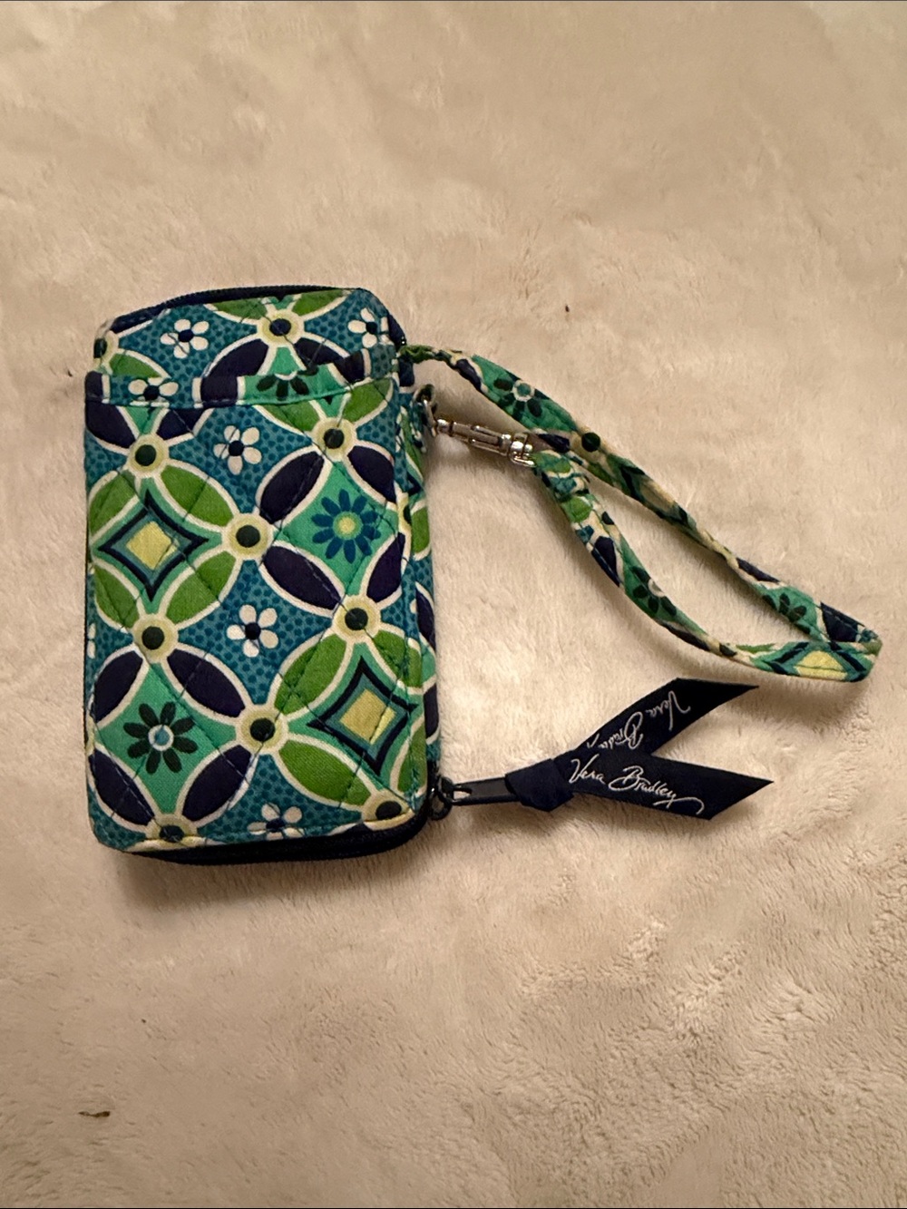 Vera Bradley Quilted Wristlet Phone Case in Blue and Green Geometric Floral